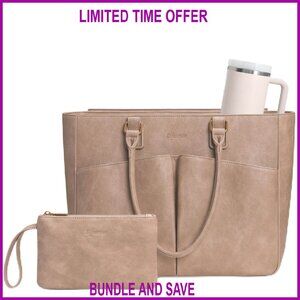 Leather Laptop Tote Bag for Women with Large Cup Holder, Teacher Work Bag